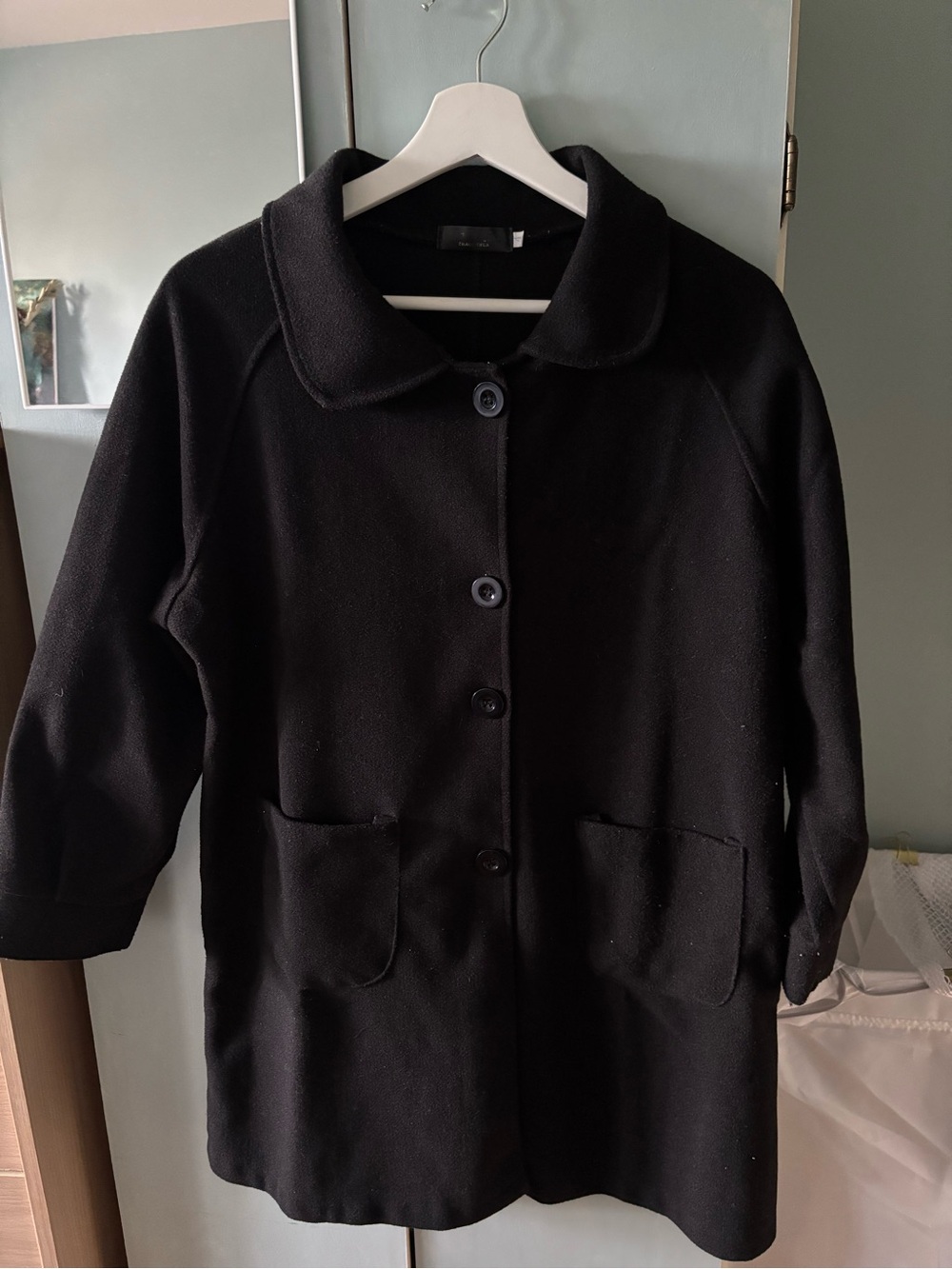 Women's Black Button-Front Pea Coat with Rounded Collar